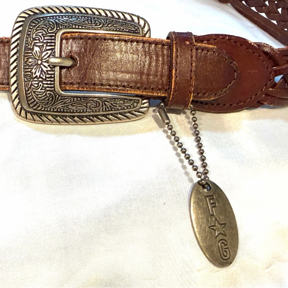 Women’s Brown Braided Leather Belt with Decorative Silver Buckle